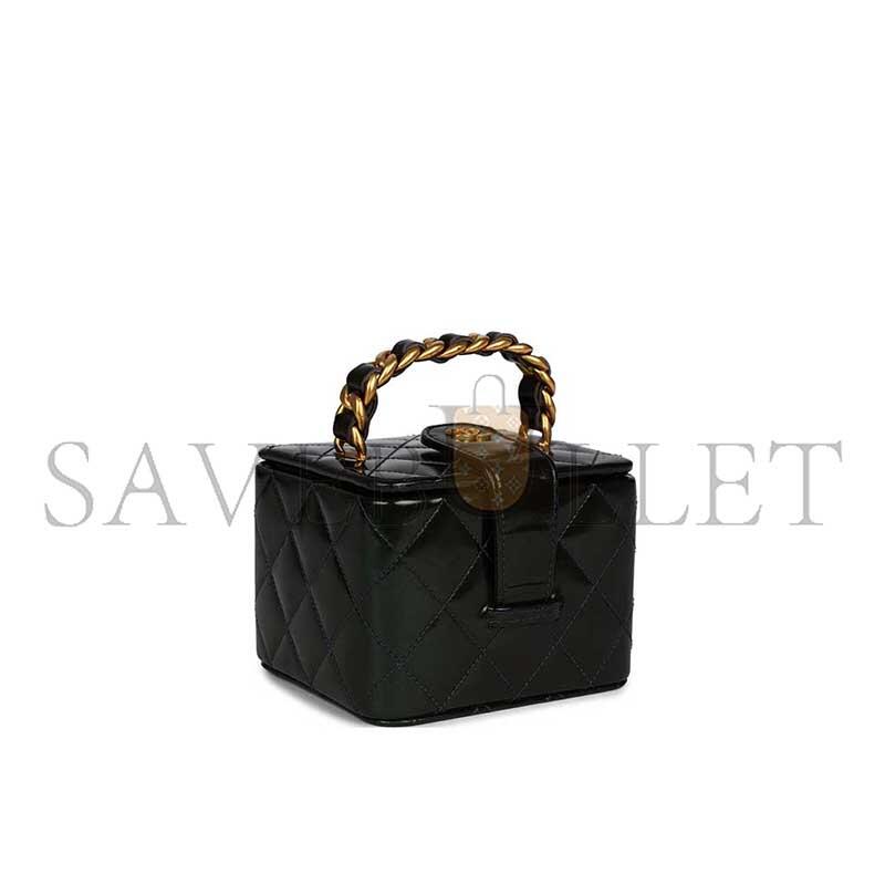 CHANEL MINI SQUARE VANITY BLACK PATENT ANTIQUE GOLD HARDWARE A2227 (11*9.5*8.5cm)